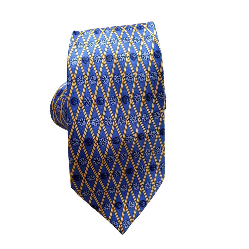 Lanvin Paris Vintage Silk Tie Royal Blue Gold Diamond Lattice